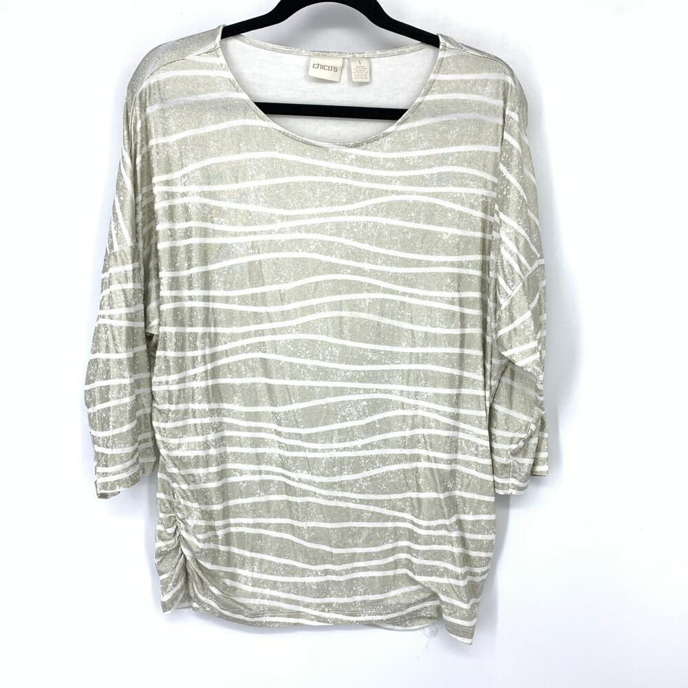 Chicos 3/4 Sleeve Ruched Side Top Womens Sz 1 US M Champagne Metallic Stripe